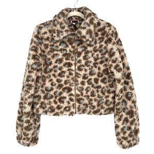 Andree By Unit Faux Fur Leopard Print Teddy Cropped Jacket Size Large NWT